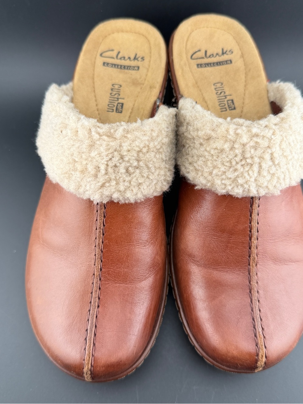 Clarks Women Size 5 Brown Clog Cushion Comfort Faux Fur Trim 16724 Preslet Grove